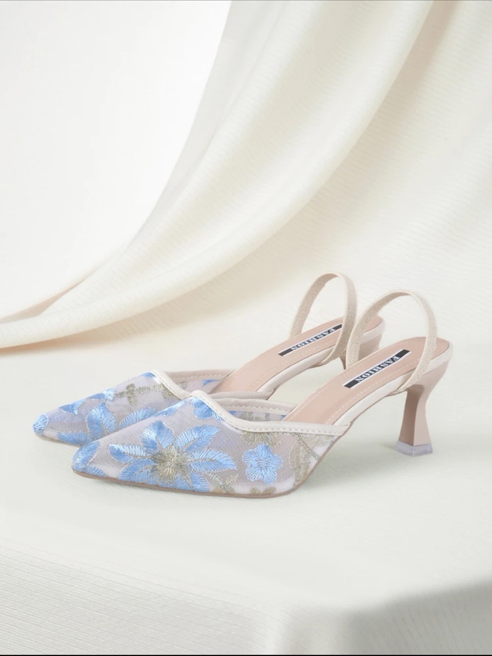 Embroidered Blue Floral Slingback Heels